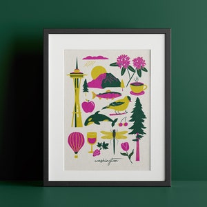 Washington State Illustrated Print, Washington Themed Poster, Pacific Northwest DIGITAL DOWNLOAD