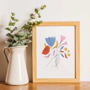 Floral Bouquet Illustration Printable White | Minimalist Line Art Downloadable Print | Cute Hand Drawn Flower Print
