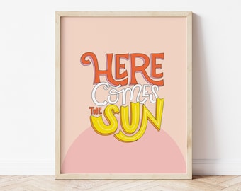 Aquí viene el sol, ilustración imprimible con letras retro de los Beatles, IMPRESIÓN DESCARGABLE