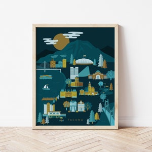 Tacoma Washington City Print, Tacoma Washington Wandkunst, South Sound, Reise-Illustration, herunterladbarer Druck