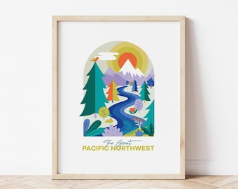 Colorful Pacific Northwest Scene Art Print Download | The Great PNW | Mountains River Forest Illustration | Downloadable PDF