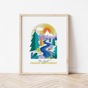Colorful Pacific Northwest Scene Art Print Download | The Great PNW | Mountains River Forest Illustration | Downloadable PDF
