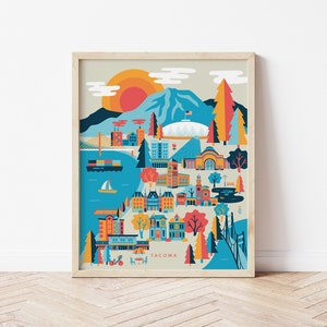 Bunter Tacoma Washington City Druck, Tacoma Washington Wandkunst, South Sound, Puget Sound Druck, Reise Illustration, 8x10 PHYSIKALISCHER DRUCK
