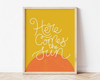 Aquí viene el sol, ilustración imprimible con letras de los Beatles escritas a mano, DESCARGABLE