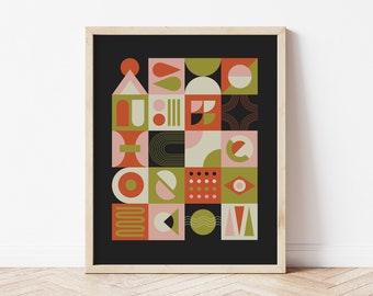 Mid-Century art, Retro abstract shapes print, geometric wall decor printable