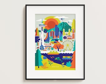 May include: A colorful illustration of the Seattle skyline, featuring iconic landmarks like the Space Needle, the Ferris wheel, and the Public Market. The illustration is set against a backdrop of a bright orange sun and a green mountain.