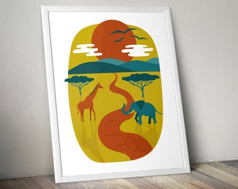 Savannah Animal Illustrated Print | Nursery Decor