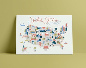 Mappa degli Stati Uniti 8x10 Stampa artistica / Mappa del punto di riferimento USA / Mappa illustrata dell'America STAMPA FISICA