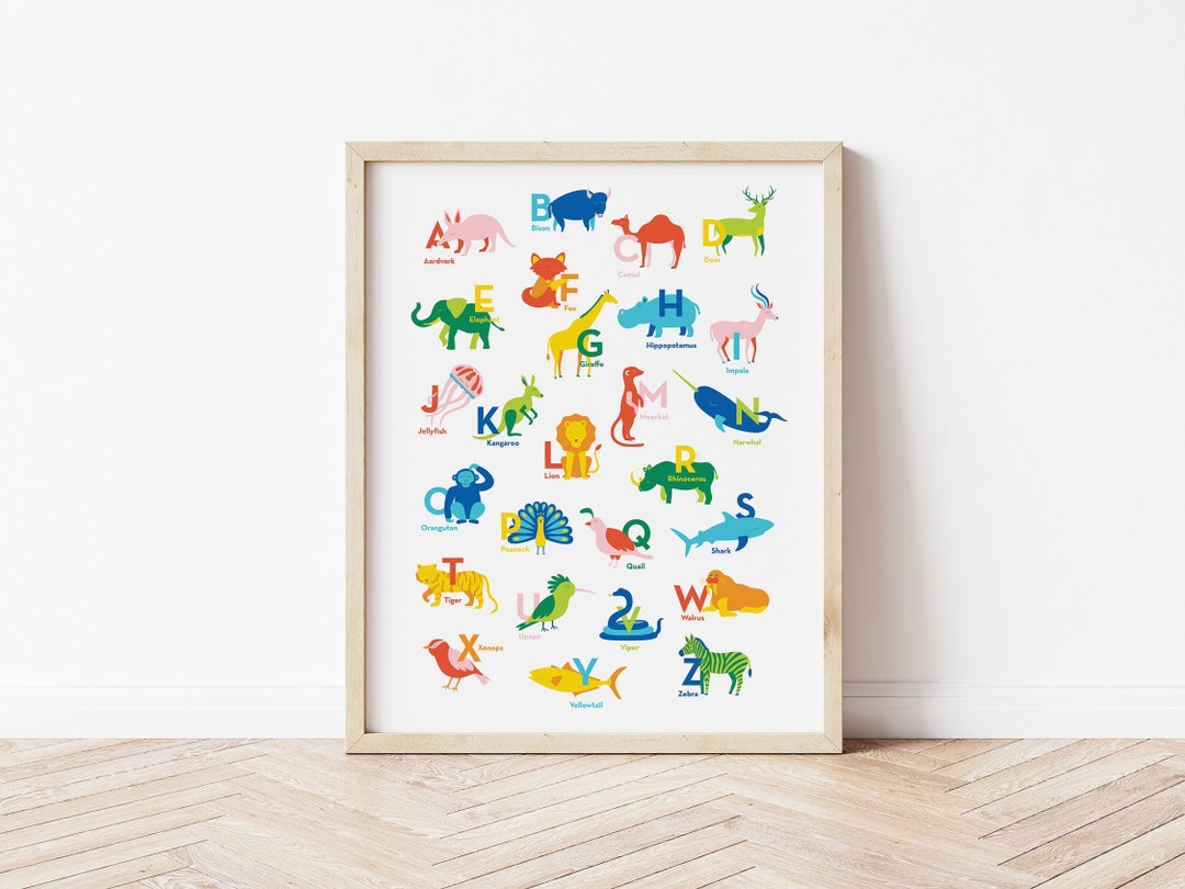 Animal Alphabet Poster, Colorful Rainbow Nursery Wall Art, Kids Room