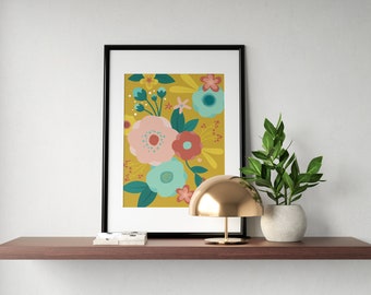 Colorido estampado floral ilustrado Conjunto de 4 / flores / Rosa Azul Verde Amarillo
