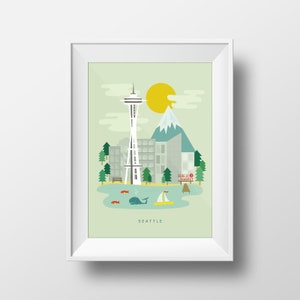 Seattle Washington art print, Seattle Puget Sound poster, Seattle travel illustration, Pacific Northwest Physical 8x10 Print