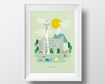 Seattle Washington art print, Seattle Puget Sound poster, Seattle travel illustration, Pacific Northwest Physical 8x10 Print