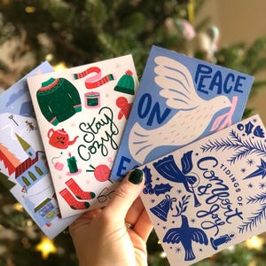 Conjunto de 4 cartões de Natal ilustrados, cartões de felicitações para o feriado