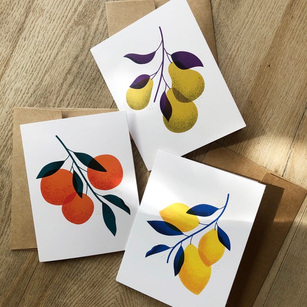 Set of 3 Handmade Fruit Greeting Cards with Envelopes | A2 Greeting Cards | Lemon Orange Pear | Modern Handmade Blank Notecards