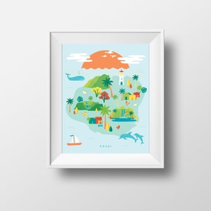 Kauai, Hawaï geïllustreerd afdrukbare, Hawaïaanse eilandkaart DOWNLOADBARE PRINT