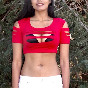Slashed Short Sleeve Red Crop Top, Crop Tops For Women, Cropped Top, Crop Tee, Sexy Crop Tops, Woman, Crop Top Teens, Form Fitting,