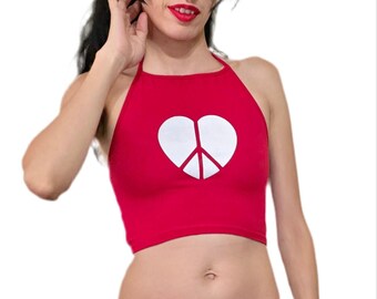 Red Crop Top, Peace and Love, Heart Crop Top, Peace Sign Crop Top, Cropped Halter Top, Crop Tops Teens, Crop Tops For Women, Cropped Tank