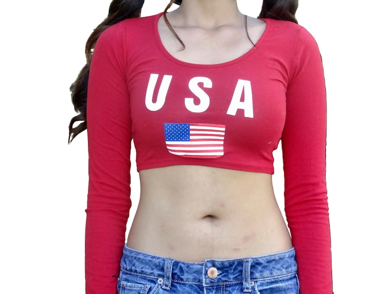 USA Crop Top, USA Flag Crop Top, Långärmad Crop Top, Röd Crop Top, Amerikansk Flag Crop Top, Crop Tops För Damer, USA Skjortor Dam, bild 2