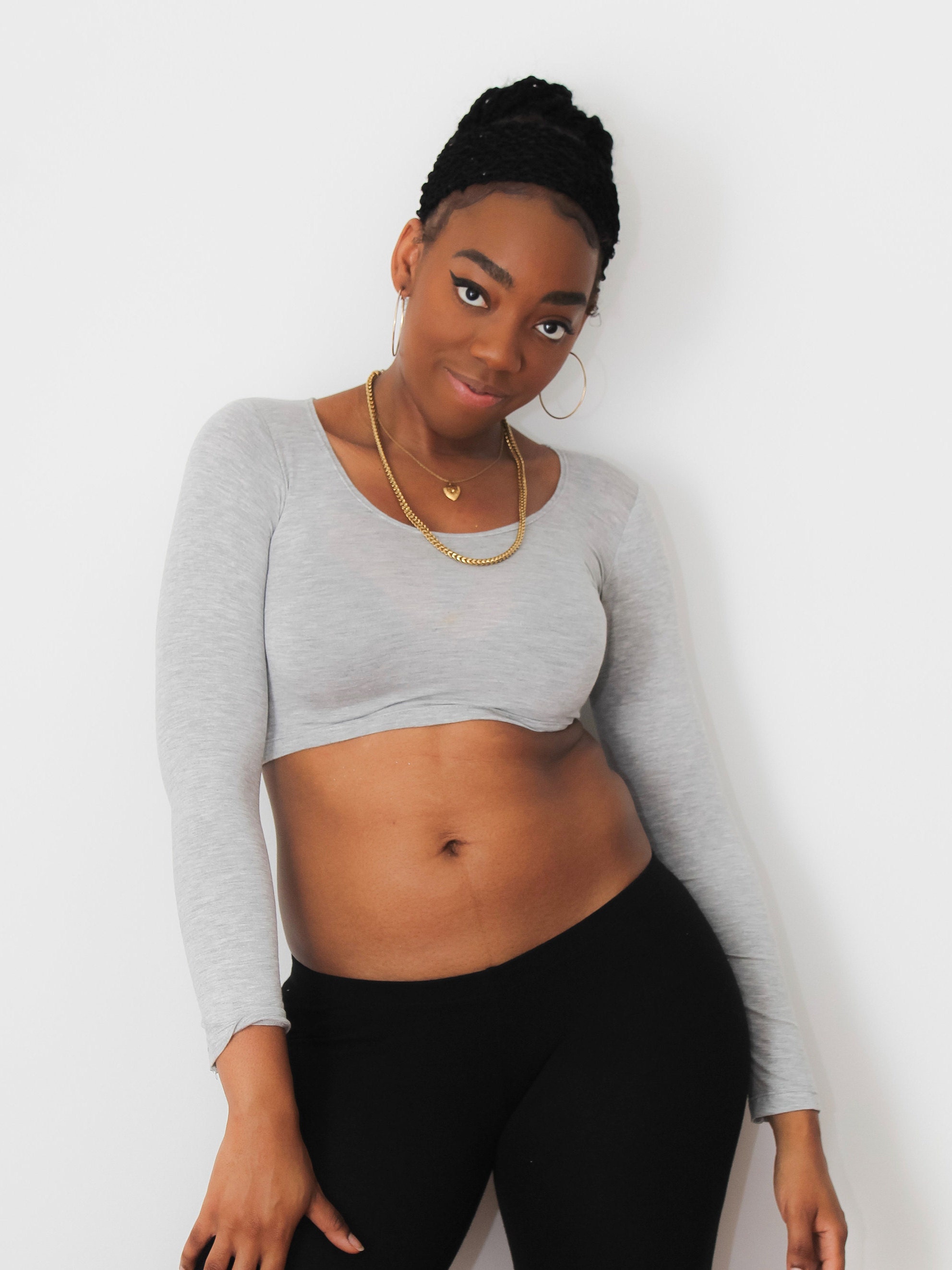 Gray Long Sleeve Crop Top Shirt Form-fitting Basic Plain Crop Tops for  Women Made in USA 