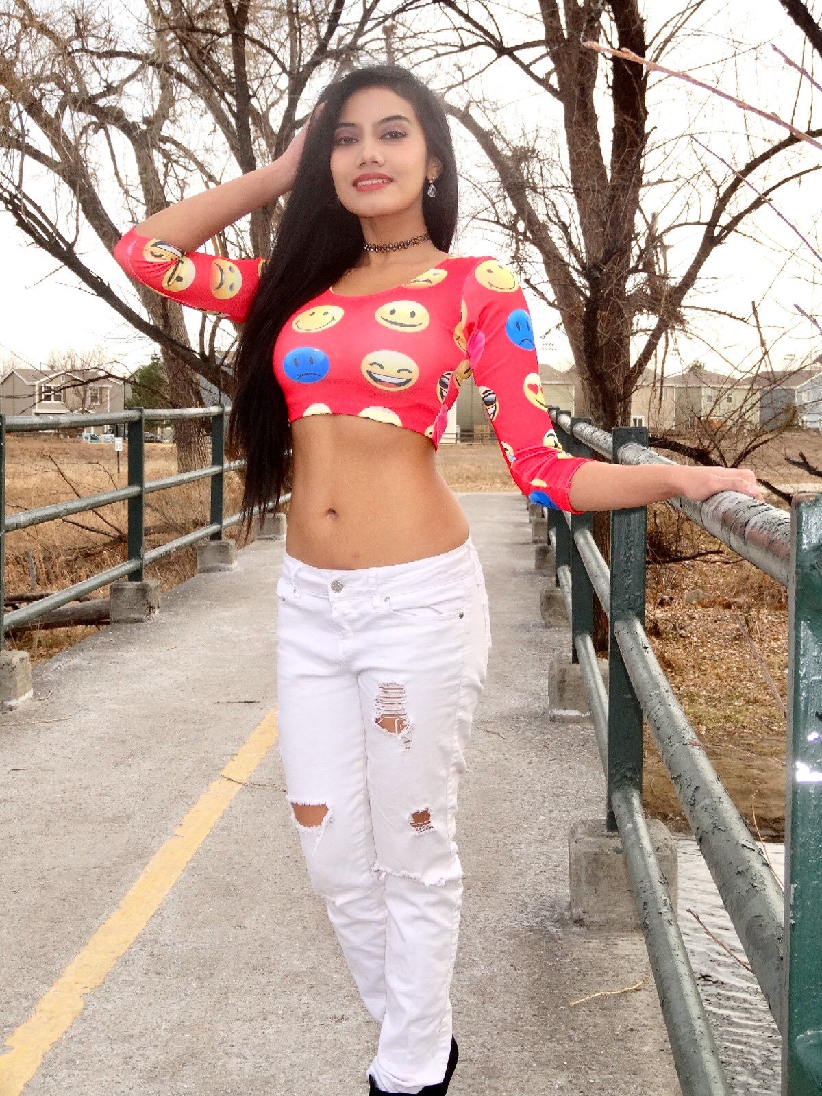 Faded Red 3/4 Sleeve Emoji Crop Top - Emoticon Crop Top Faded Red 3/4 Sleeve Emoji Crop Top - Emoticon Crop Top