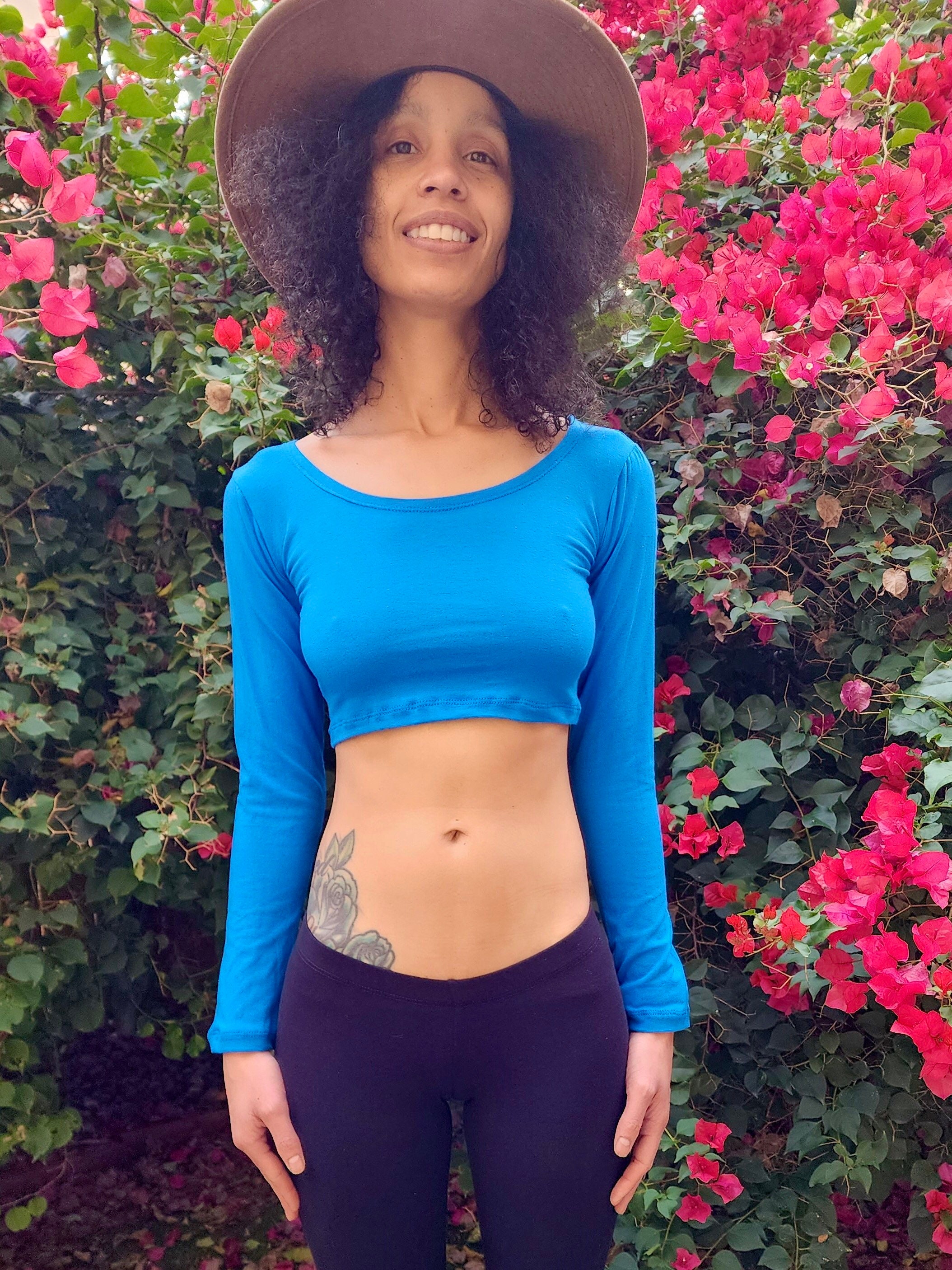 Blue Long Sleeve Crop Top Shirt Form-fitting Basic Plain - Etsy