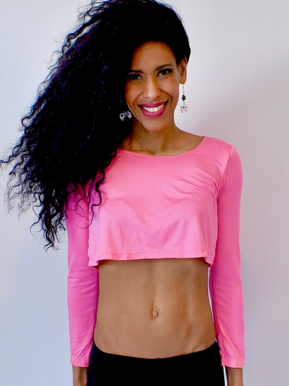 Pink Long Sleeve Crop Top Loose Crop Top Boxy Crop Top Crop Tops