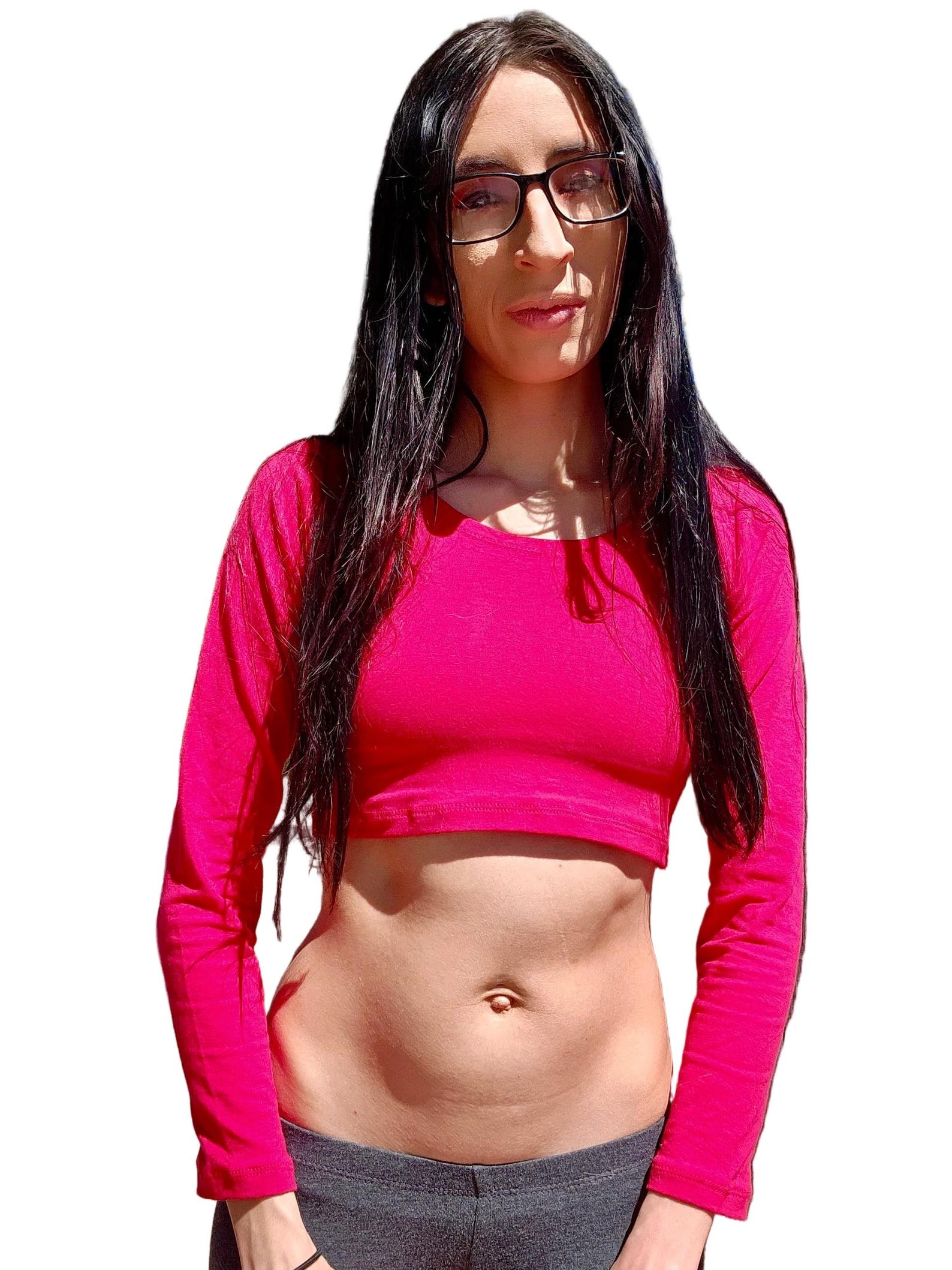 Red Long Sleeve Crop Top Shirt - Form-fitting - Basic Plain Crop Tops ...