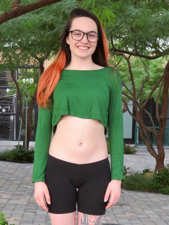 Green Long Sleeve Crop Top Loose Crop Top Boxy Crop Top Crop Tops