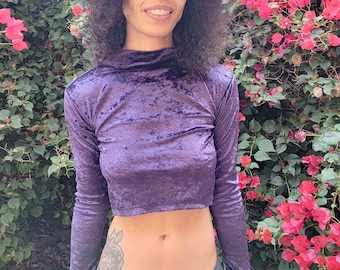 Faux Velvet Purple Long Sleeve Cropped Sweater, Crop Top Sweater, Crop Tops For Women, Sexy Crop Tops, Crop Top Teens, Woman, Turtle Neck