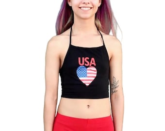 USA Heart Black Halter Crop Top, Cropped Tank Top, USA Flag Crop Top, July 4th Crop Top, American Flag, Crop Tops Women, USA Shirts Women,