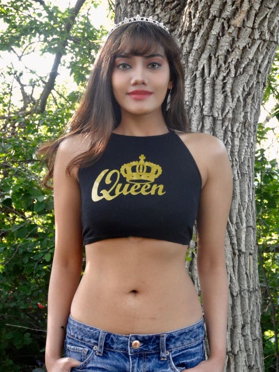 Queen Black Halter Crop Top, Crown Crop Top, Crop Tops for Women