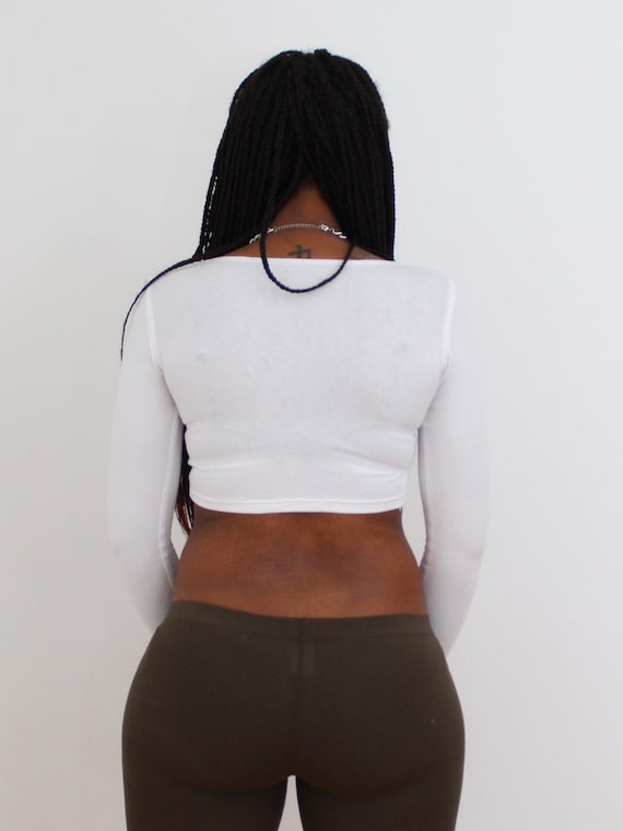 White Long Sleeve Crop Top Shirt Form-fitting Basic Plain Crop Tops for  Women Made in USA 