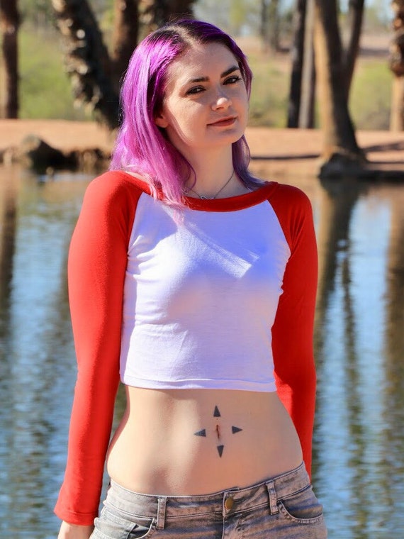 Long Sleeve White And Red Baseball Crop Top Cropped, 53% OFF