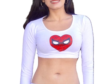 Top corto blanco de manga larga con estampado "I Love Spiderman", disfraz de cosplay, top corto para mujer, top corto con corazón, Mary Jane Watson, mujer sexy