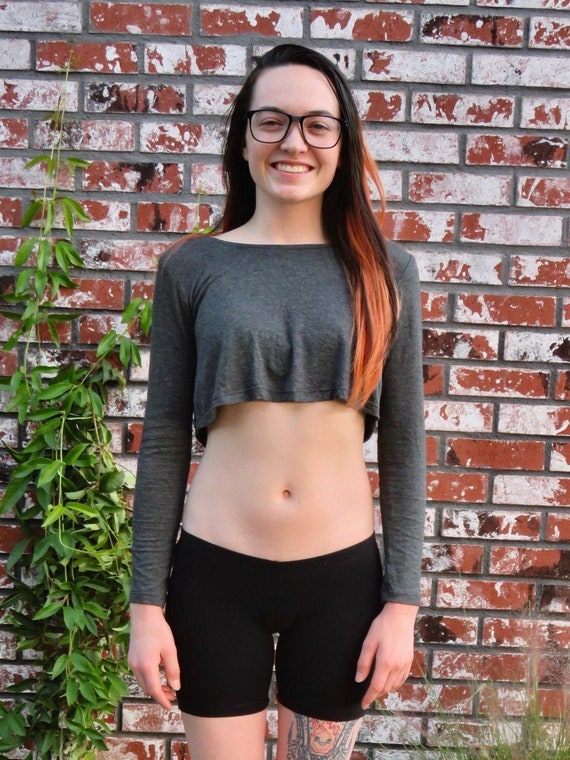 Gray Long Sleeve Crop Top Loose Crop 