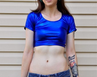Short Sleeve Blue Crop Top Shiny metallic Form Fitting - Etsy Singapore