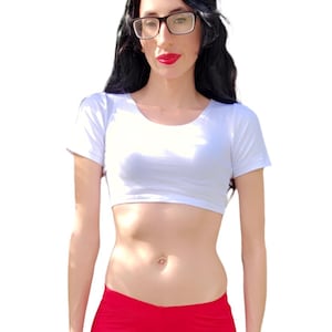 White Short Sleeve Crop Top Shirt - Form-Fitting - Basic Plain Crop Tops For Women - Made in USA
