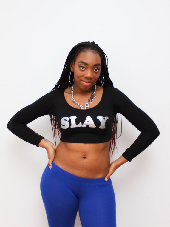 Slay Black Long Sleeve Crop Top, Crop Top, Woman, Crop Tops for