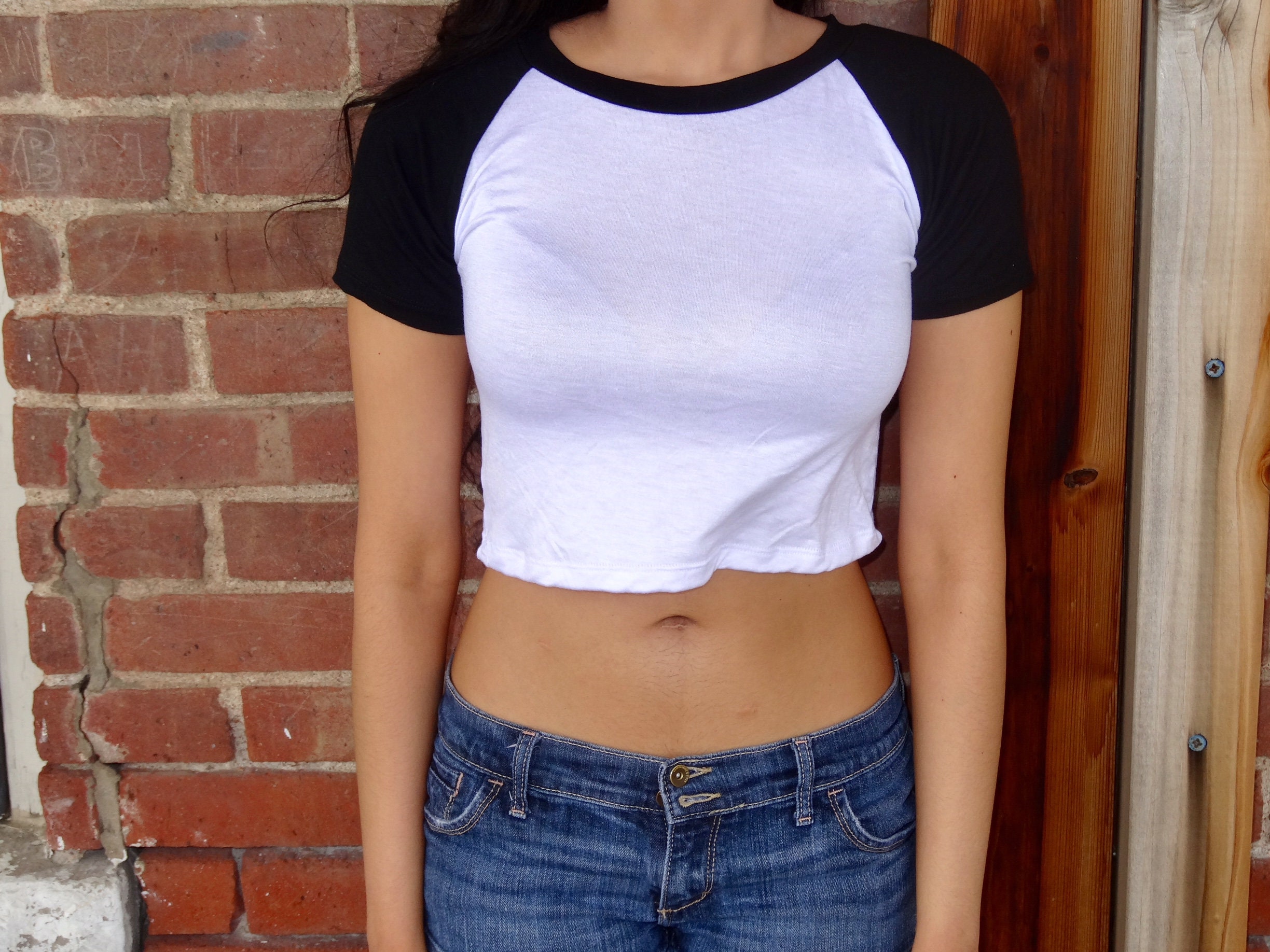 Short Sleeve White and Black Baseball Crop Top Cropped Etsy
