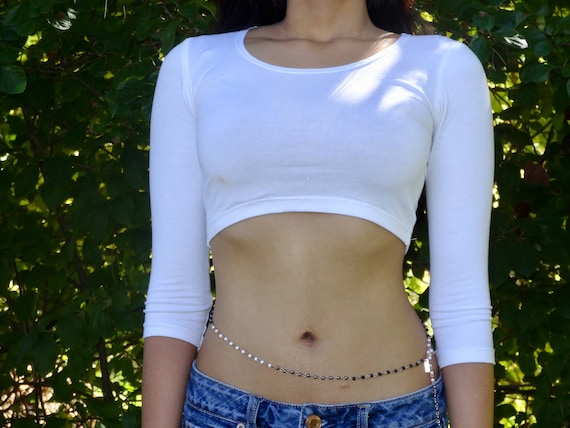 White 3/4 Sleeve Crop Top Form Fitting Lyla's Crop Tops for Women