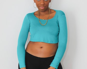 Turquoise Long Sleeve Crop Top - Loose Crop Top - Boxy Crop Top - Crop Tops For Women - Cropped Top - Crop Tshirt - Crop Tee - Woman