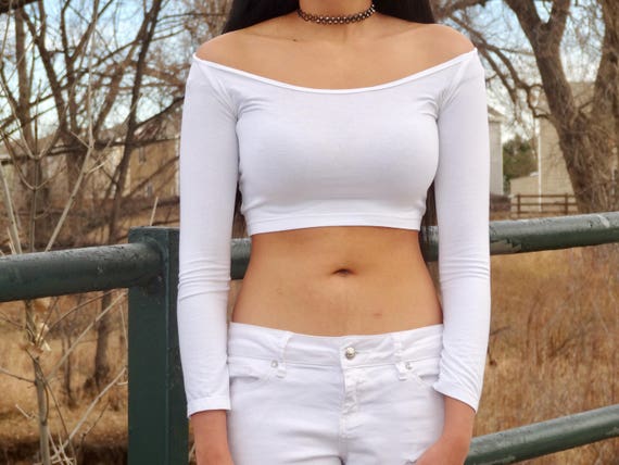 White Crop Top Long Sleeve Crop Top off Shoulder Top Form Fitting