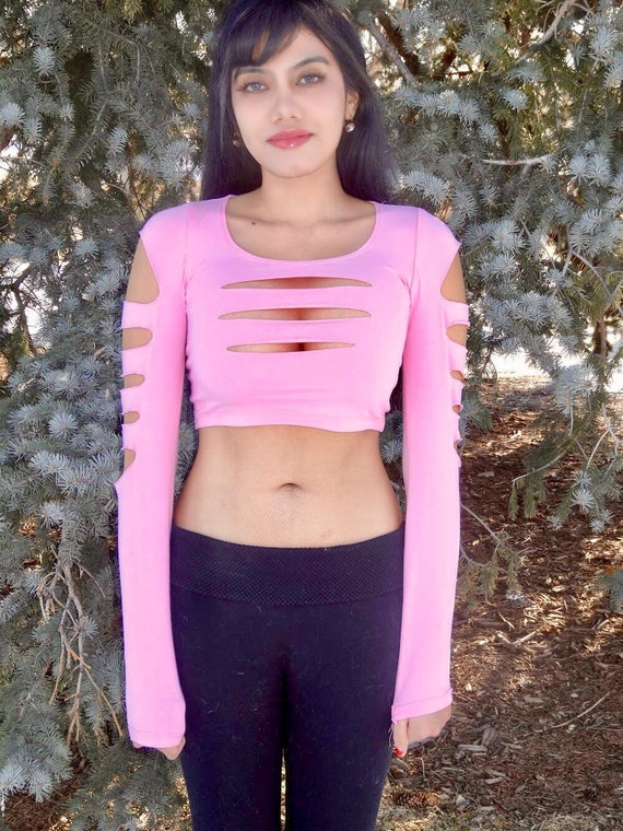 Slashed Long Sleeve Pink Crop Top, Crop Tops for Women, Cropped