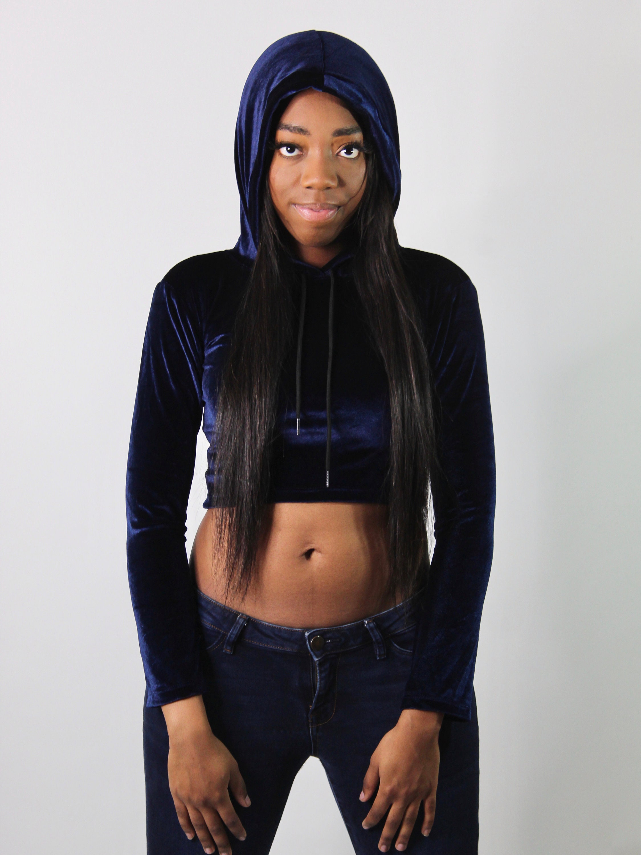 Faux Velvet Navy Blue Long Sleeve Cropped Hoodie Crop Top - Etsy