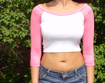3/4 Sleeve White and Pink Baseball Crop Top, Cropped Baseball Tee, Raglan  Crop Top, Long Sleeve Crop Top, Crop Tops for Women, Crop Tee, 