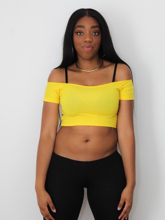 Yellow Crop Top Short Sleeve off Shoulder Top Form Fitting Lyla's