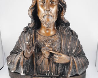 Sacred Heart of Jesus, Bronzed Hardened Plaster Bust signed D Pecchioli, Limited Series circa 1910 - 32cm Tall 28cm Wide and 14 cm deep.