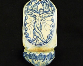 Holy Water Font, Rare Early 19th Century Faience Benitier, No Chips Or Cracks