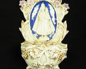 Holy Water Font, French Porcelaine De Paris, Lovely Condition, No Chips Or Cracks, Circa 1860, Virgin Mary and Child , 6.5 x 4 x 2 Inches