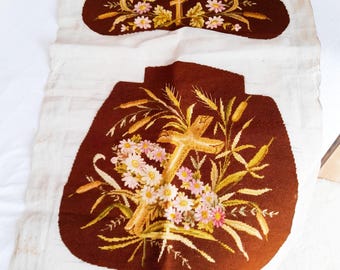 Prayer Chair Cover, Original French Cross Stitch Cover, Completely Hand Stitched, Excellent Antique Condition, Circa 1880